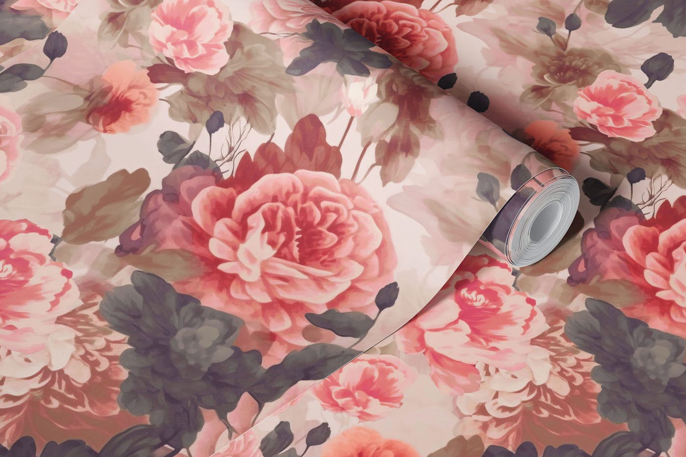 Baroque Roses Floral Nostalgia Design In Moody Pink Colors wallpaper roll