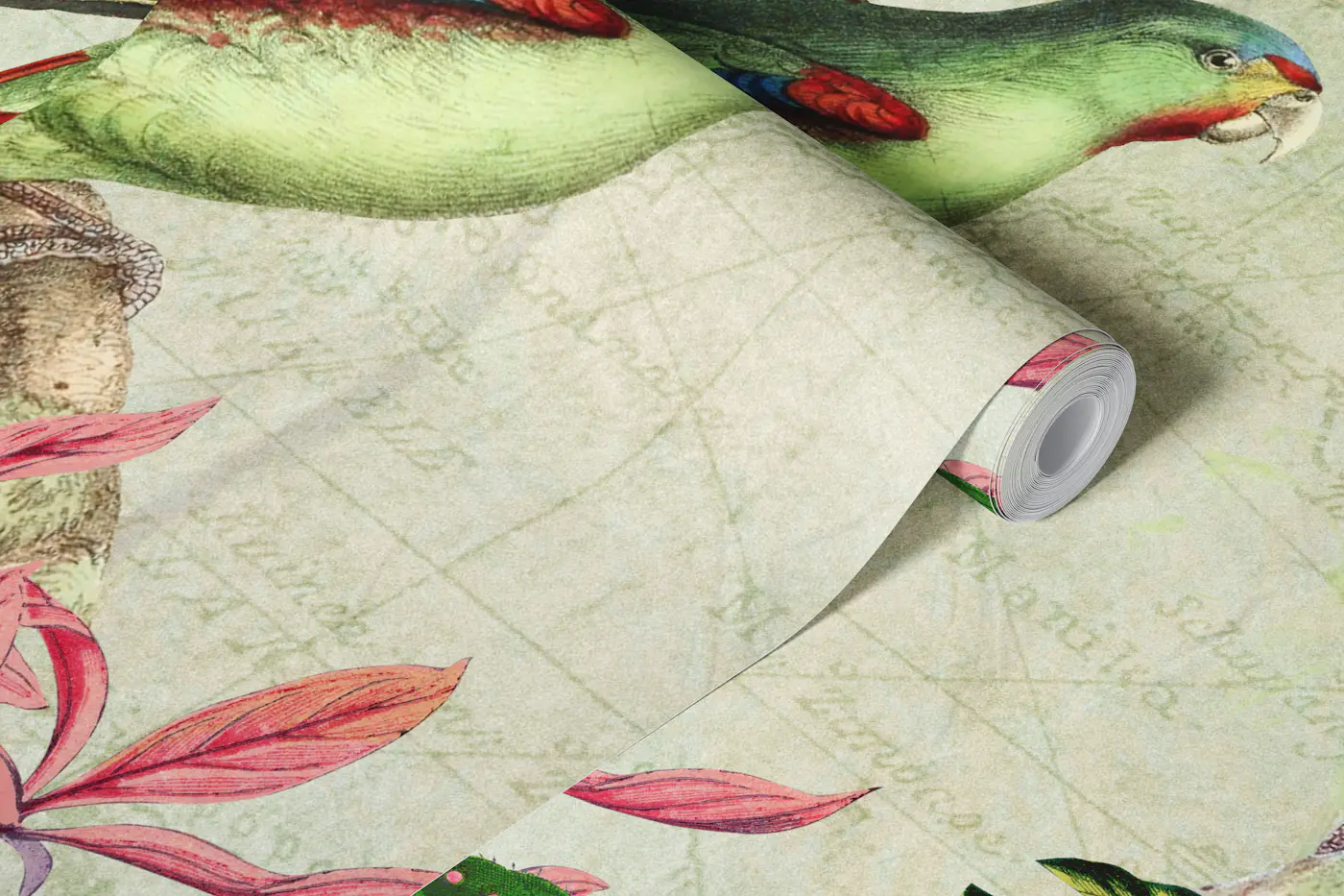 Exotic Lush Rainforest with Parrots Flowers wallpaper roll