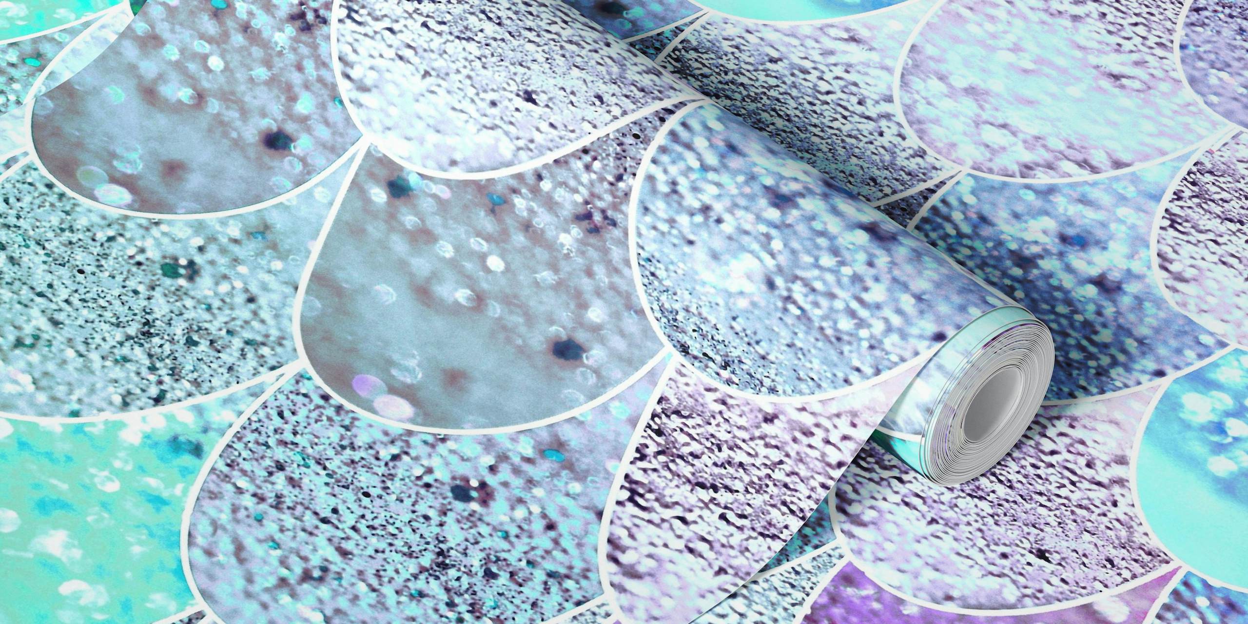 Colorful mermaid scale pattern in shades of blue, pink, and green wallpaper