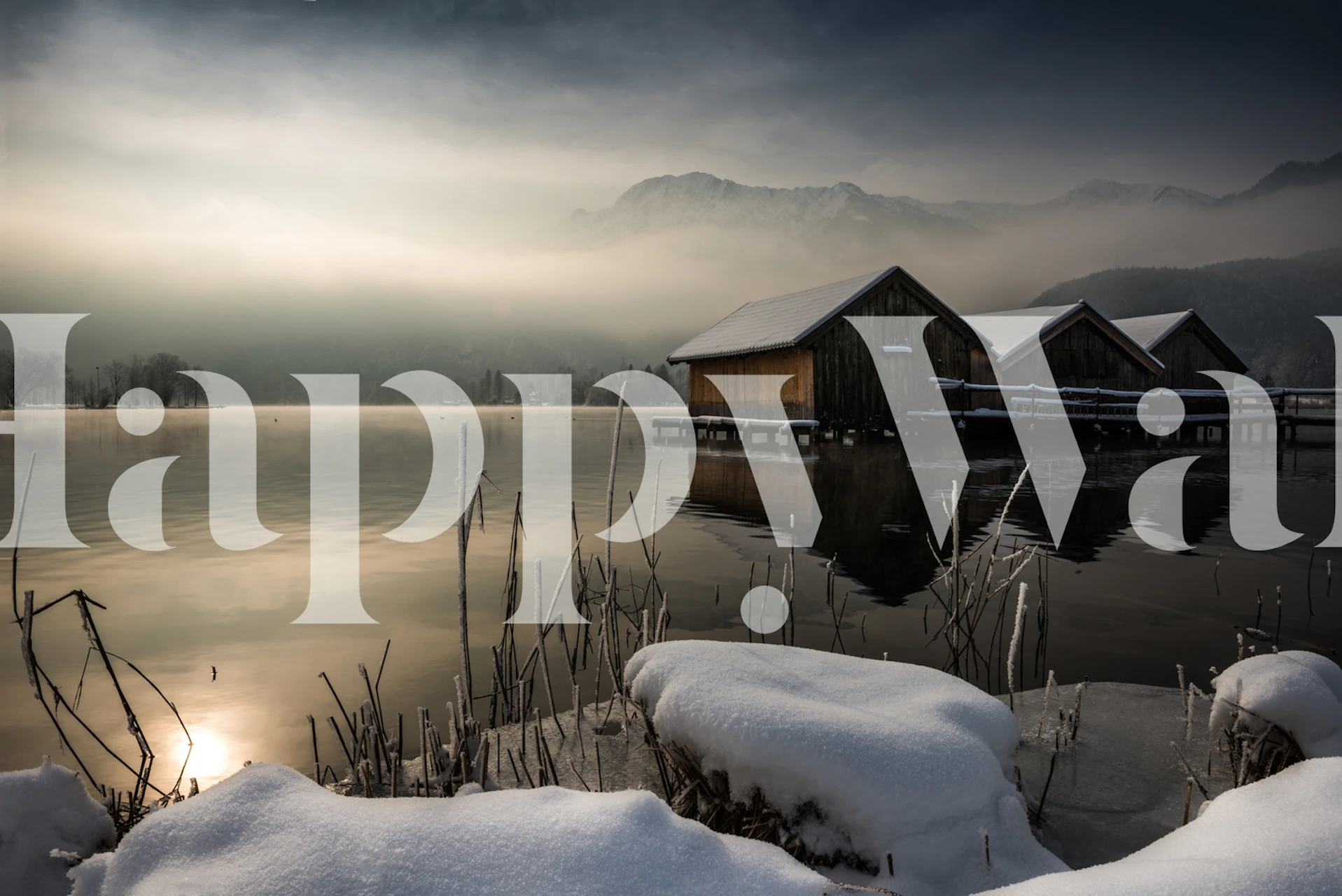 Three huts by a tranquil lake wallpaper