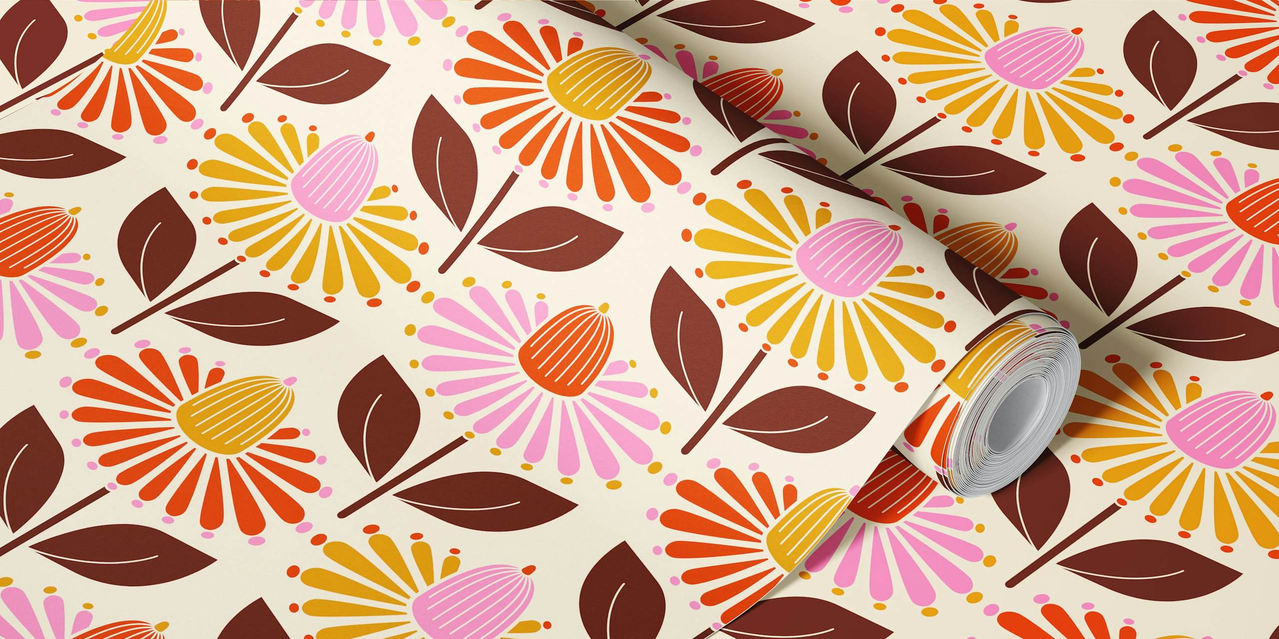 Happy retro coneflowers wallpaper v místnosti