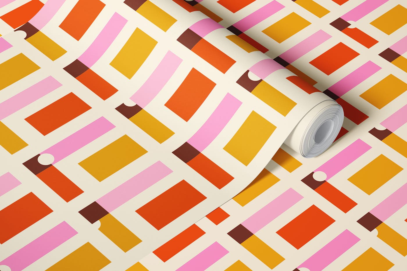 Happy retro checks pink, orange wallpaper roll