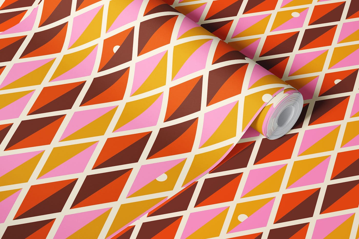 Happy retro Harlequin pink, orange wallpaper roll