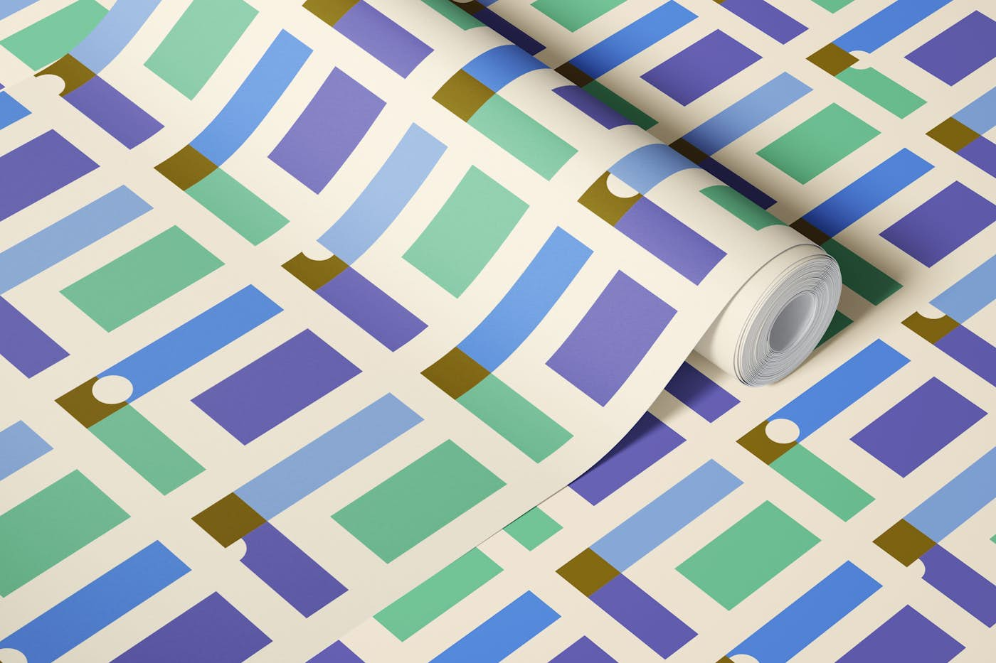 Happy retro checks periwinkle, mint, moss wallpaper roll