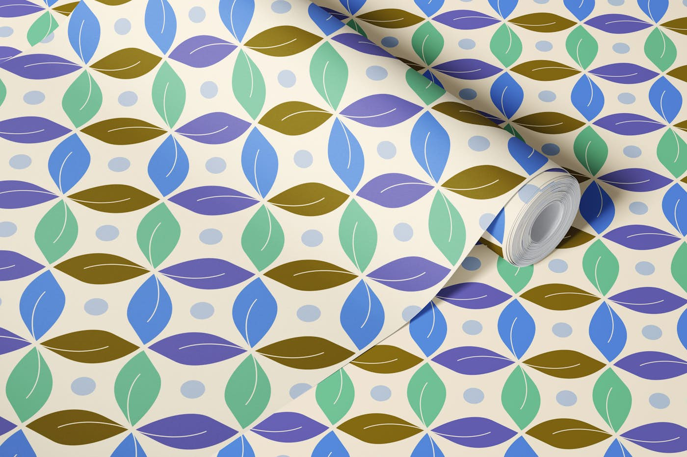 Happy retro circles periwinkle, mint, moss wallpaper roll