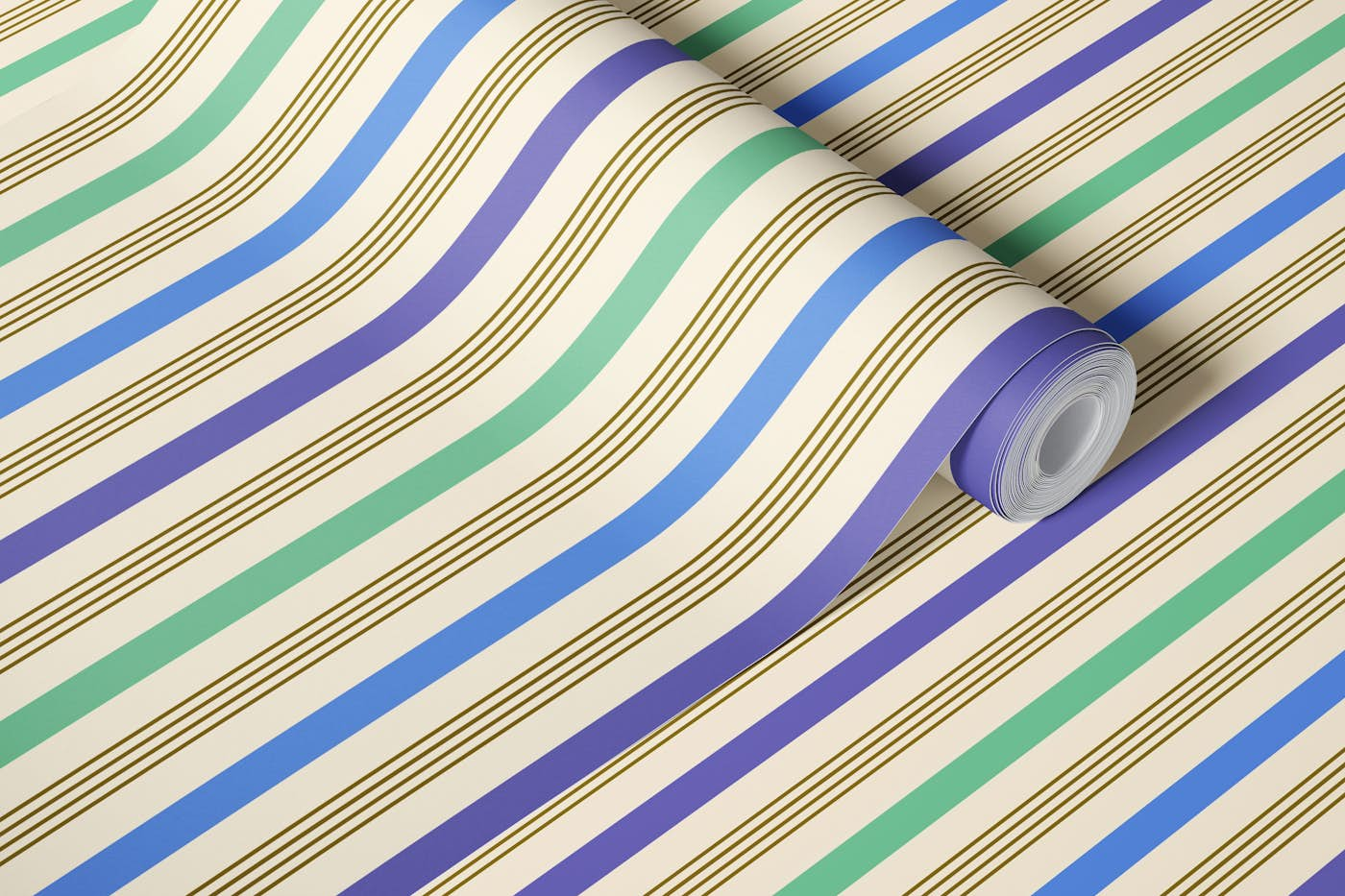 Happy retro Stripes periwinkle, mint, moss wallpaper roll