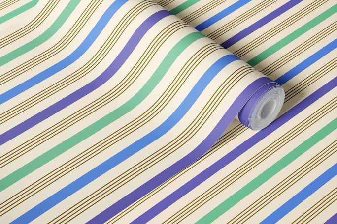 Happy retro Stripes periwinkle, mint, mosswallpaper roll