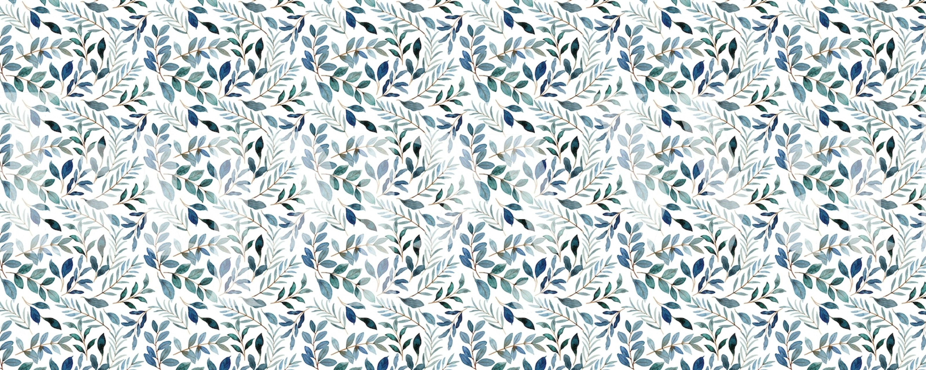 Botanical leaf pattern in blue and green on white wallpaper