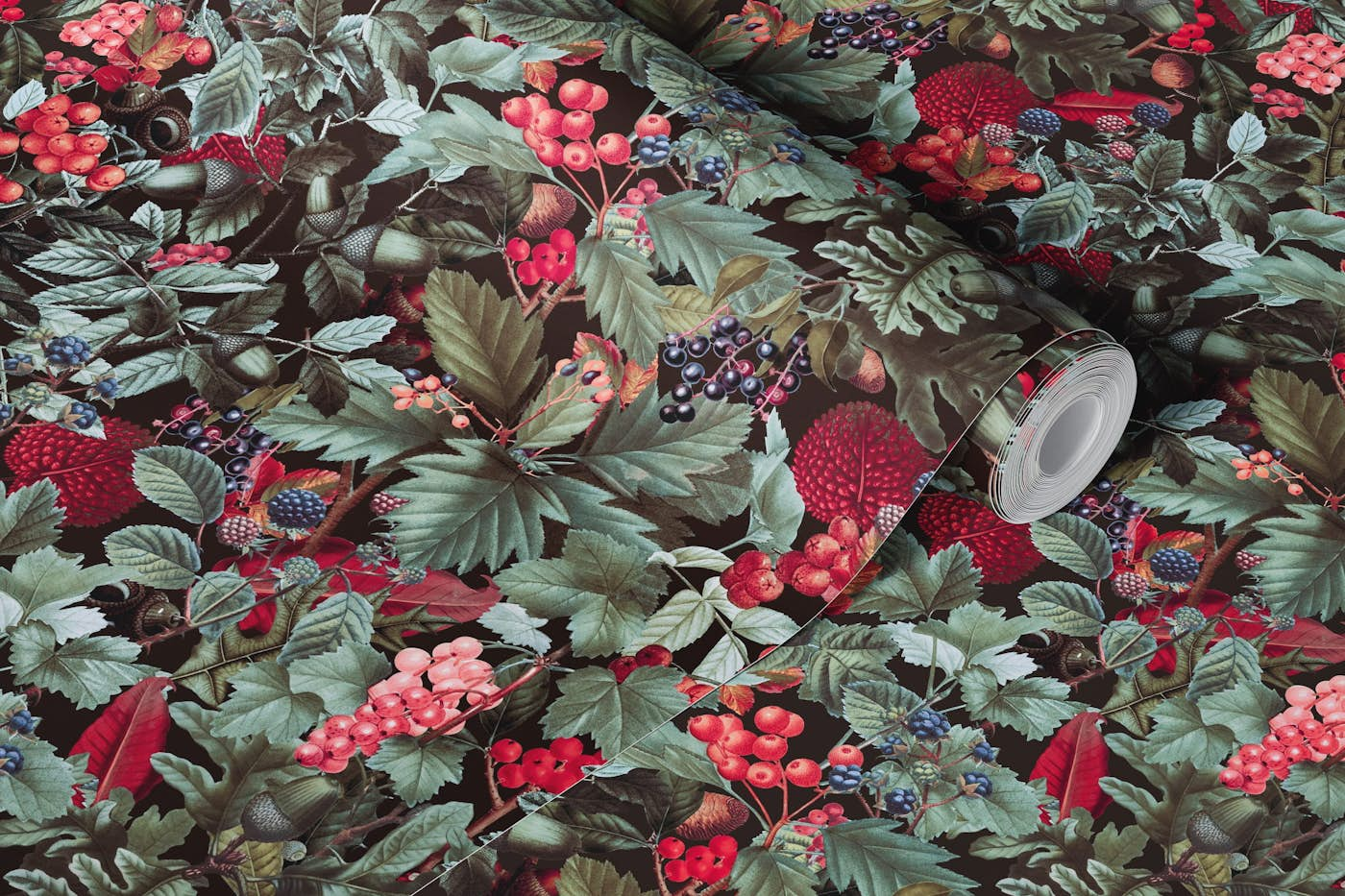 Autumnal Whispers Vintage Botanical Fall Leaves And Berries Teal Red wallpaper roll