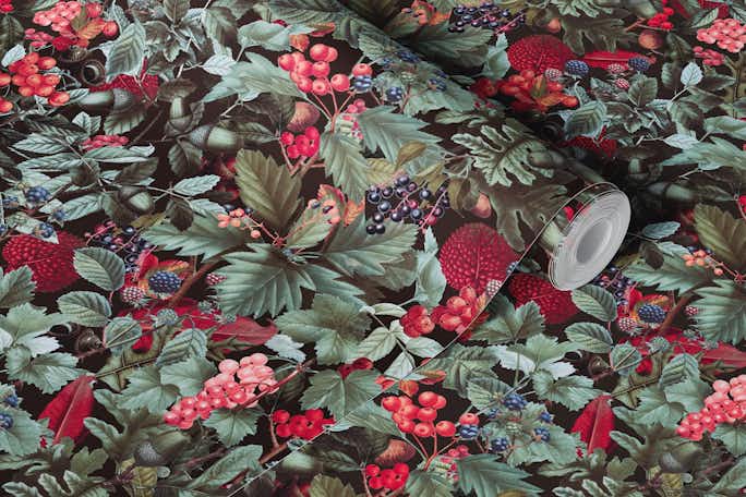 Autumnal Whispers Vintage Botanical Fall Leaves And Berries Teal Redwallpaper roll