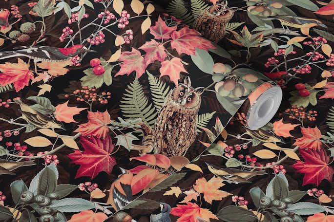 Autumn Owl Impression Red Green On Blackwallpaper roll