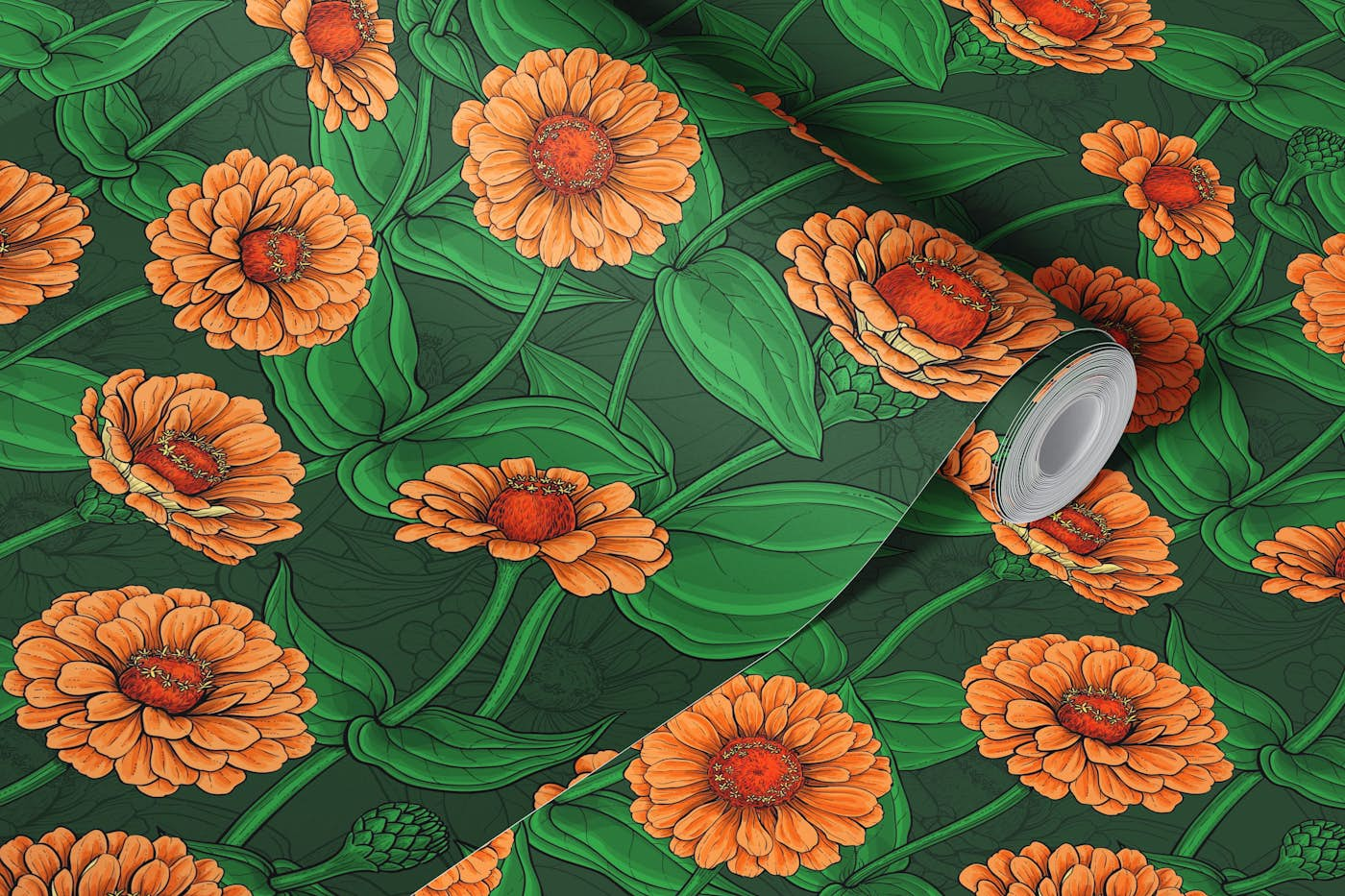 Orange Zinnia flowers, green leaves on dark green wallpaper roll