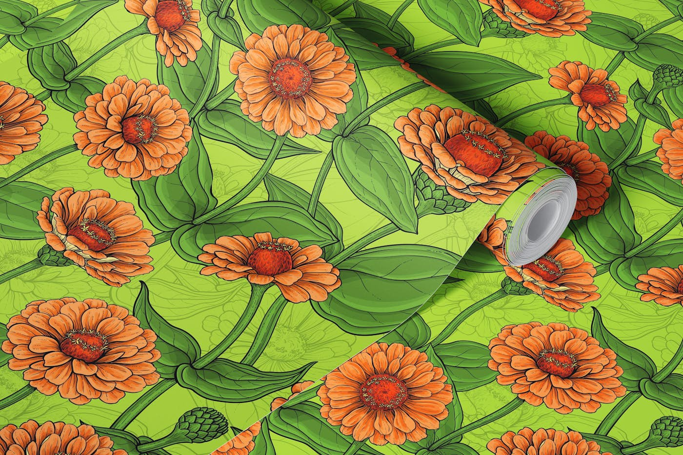 Orange Zinnia flowers, green leaves on light green wallpaper roll