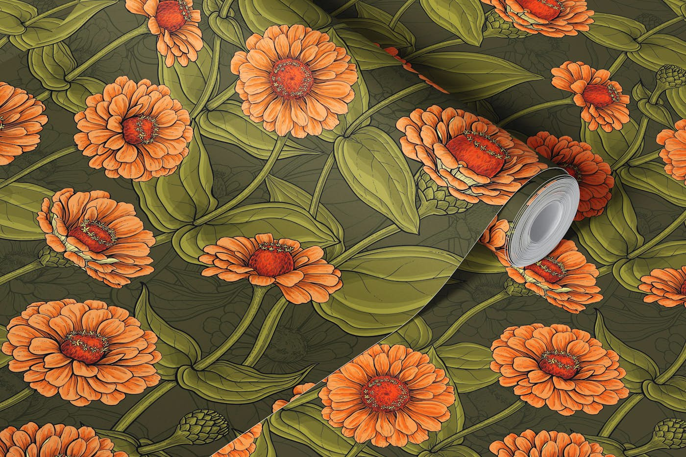 Orange Zinnia flowers in green-yellow wallpaper roll