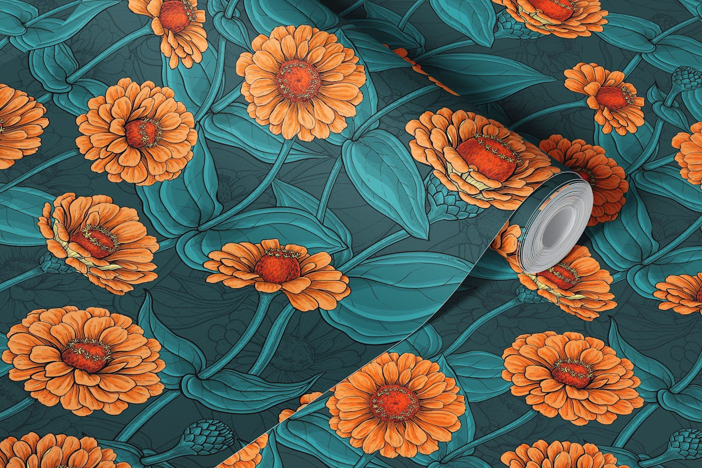 Orange Zinnia flowers, blue leaves on dark blue wallpaper roll