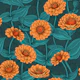 Orange Zinnia flowers, blue leaves on dark blue