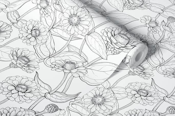 Zinnias in black and whitewallpaper roll