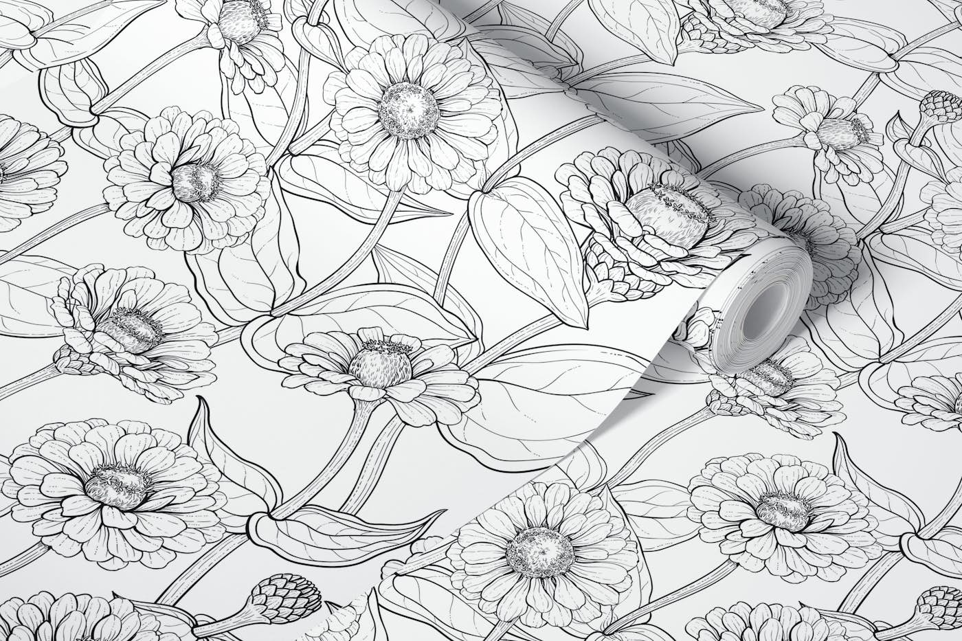 Zinnias in black and white wallpaper roll