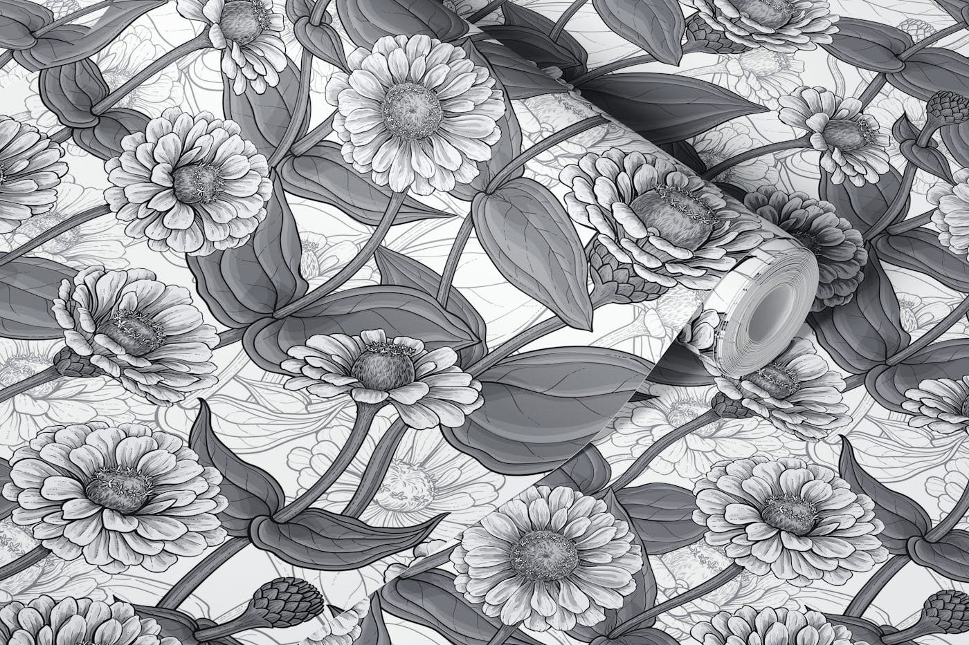 Zinnias, monochome on white wallpaper roll