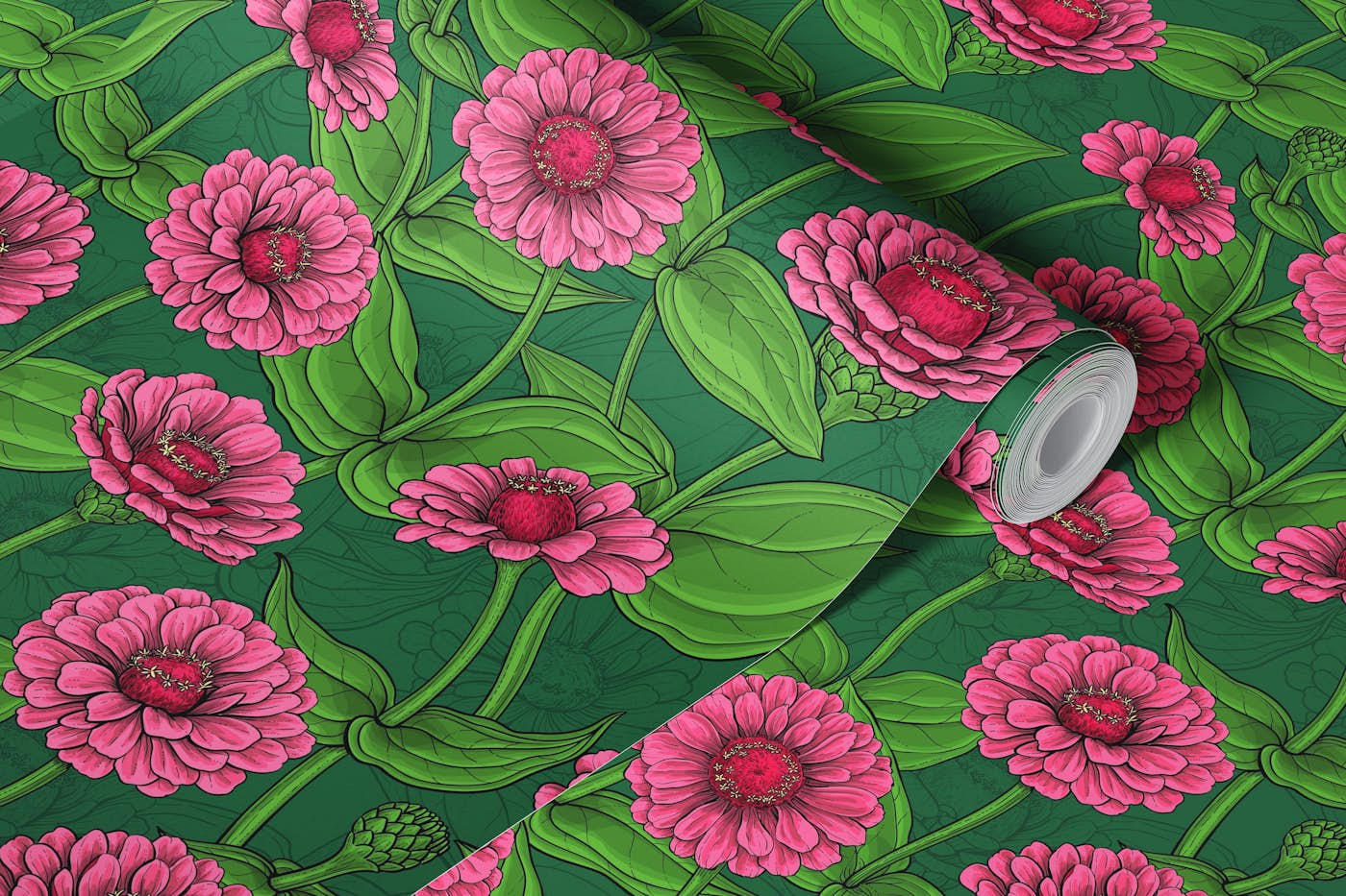 Pink Zinnias on dark green wallpaper roll