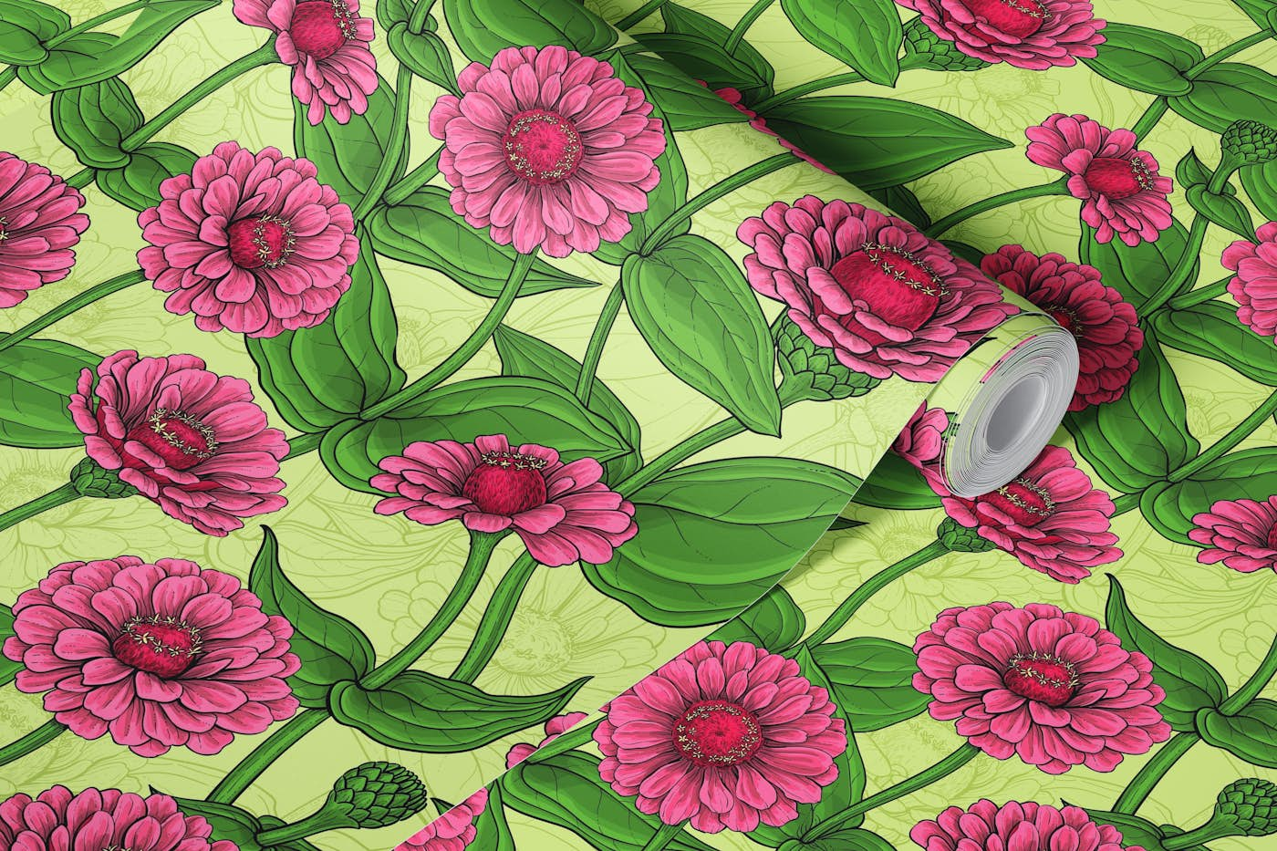 Pink Zinnias on light green wallpaper roll