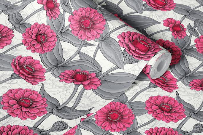 Pink Zinnias in gray and whitewallpaper roll