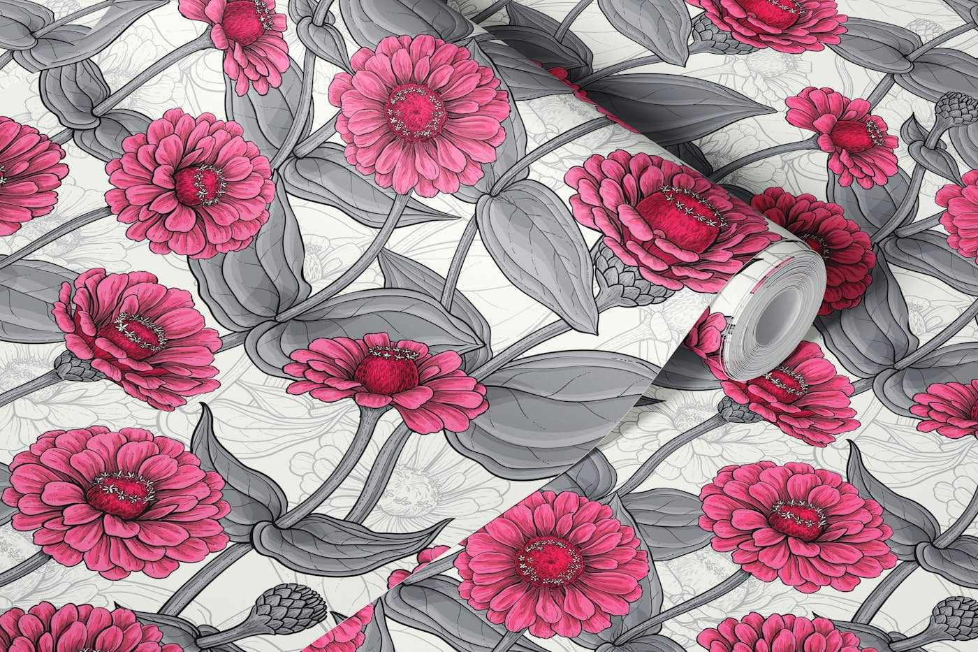 Pink Zinnias in gray and white wallpaper roll