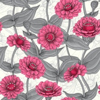 Pink Zinnias in gray and white tapete