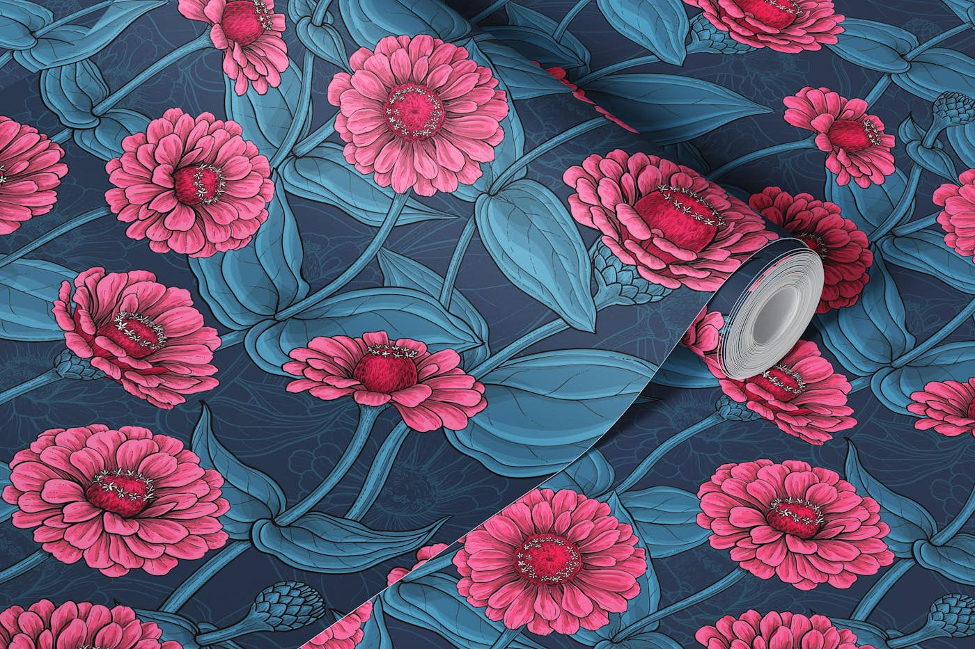 Pink Zinnias on dark blue wallpaper roll