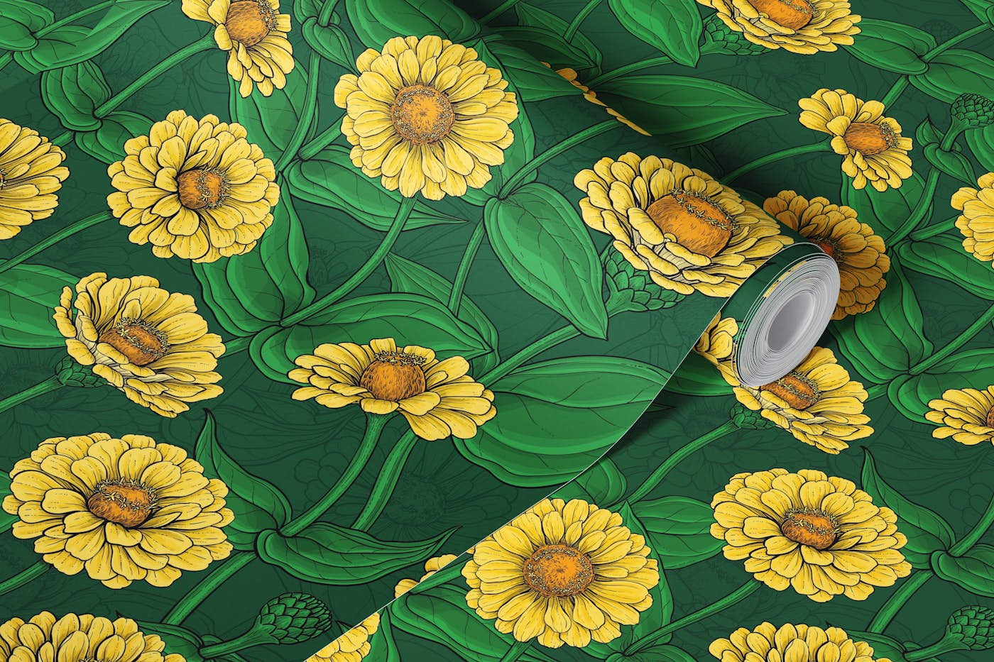 Yellow Zinnias on dark green wallpaper roll