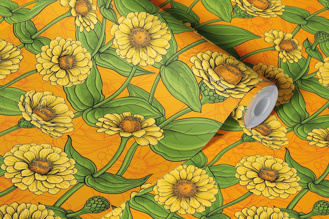 Yellow Zinnias on orange wallpaper roll