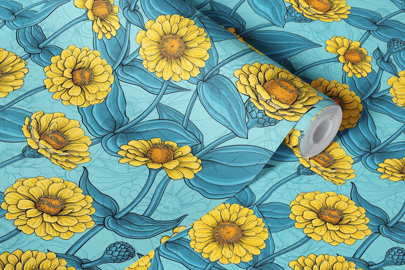 Yellow Zinnias on light blue wallpaper roll