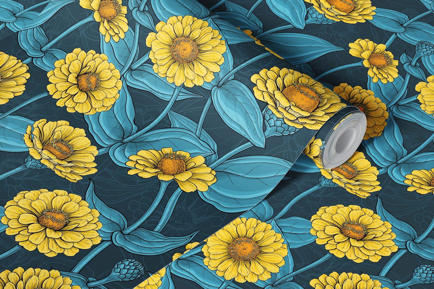 Yellow Zinnias on dark blue wallpaper roll