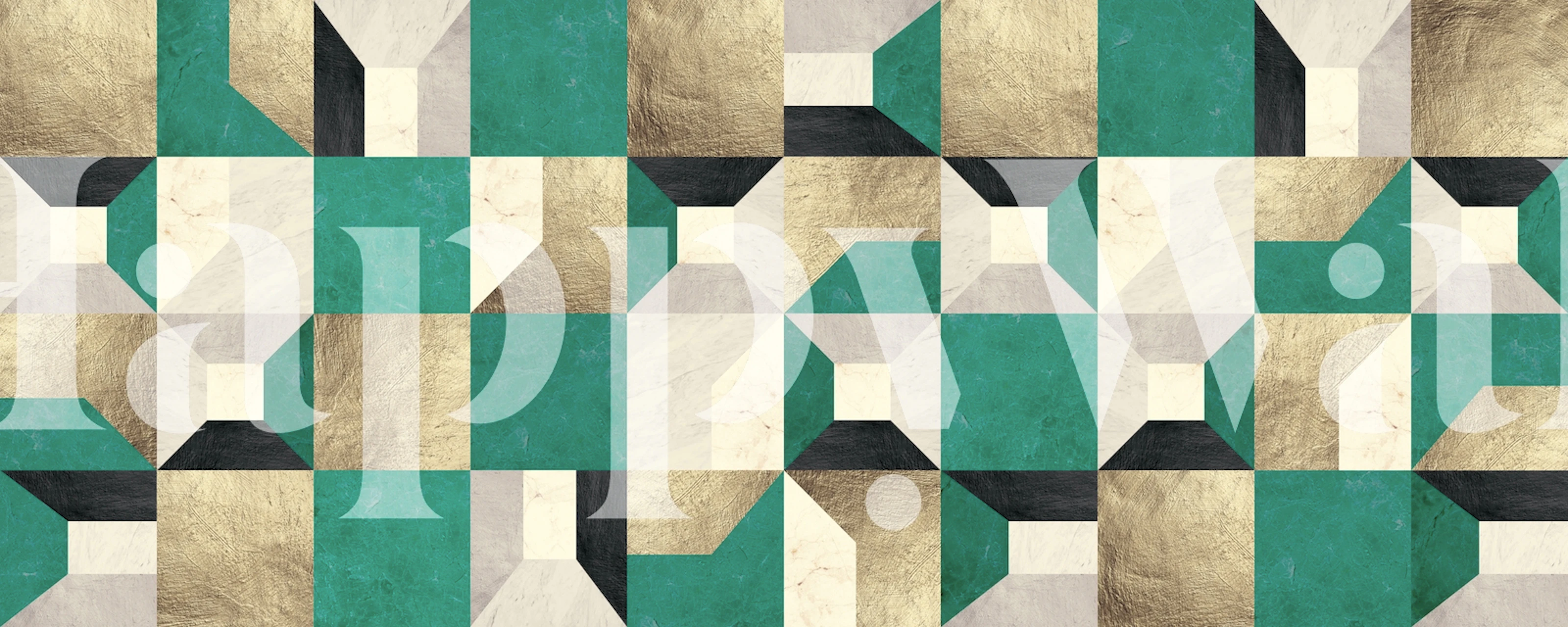 Veggmaleri i gull og grønt geometrisk kvadratisk mønster