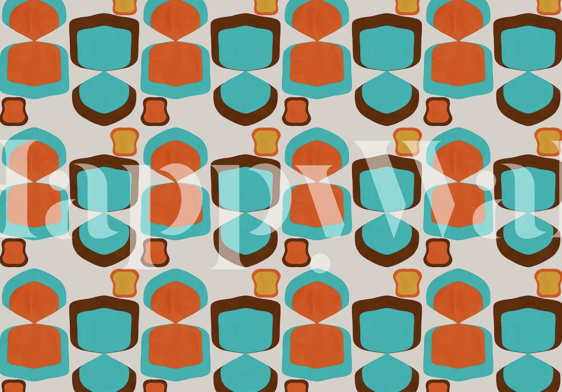 Wandbild im Mid-Century-Stil mit geometrischen Mustern in Orange, Blaugrün und Beige