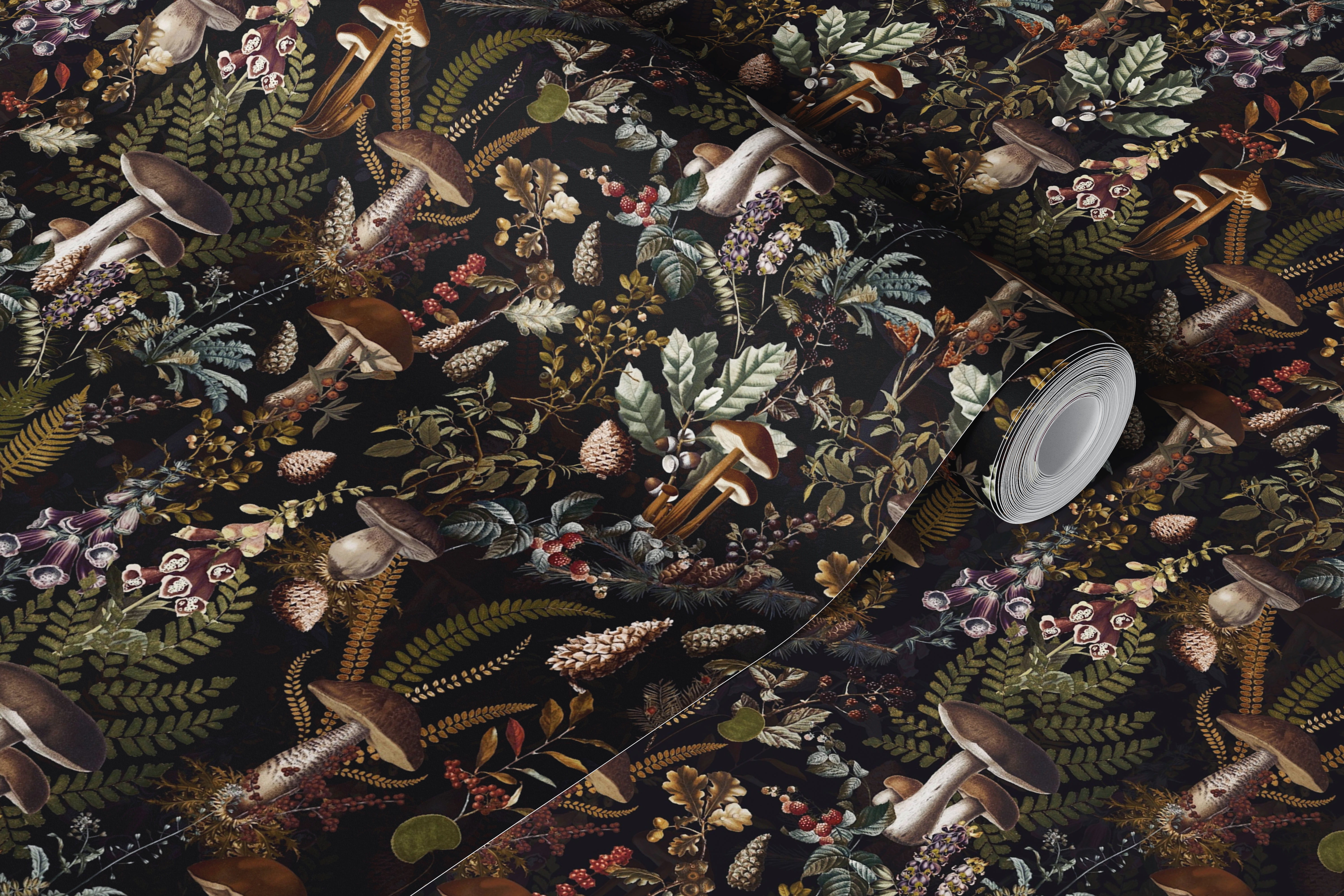 Dark mushroom forest wallpaper in a room