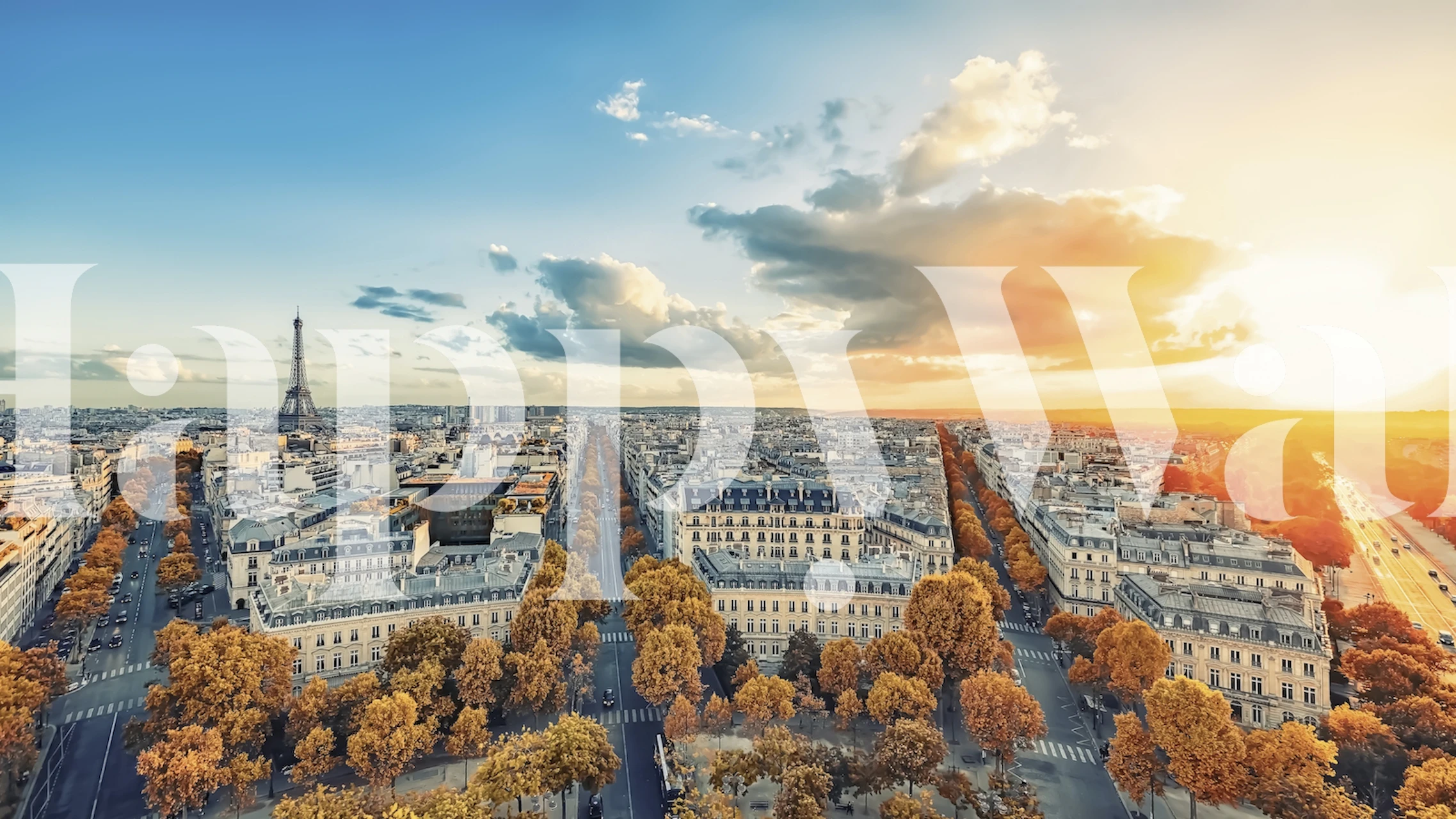 City skyline with autumn trees and Eiffel Tower sunset wallpaper
