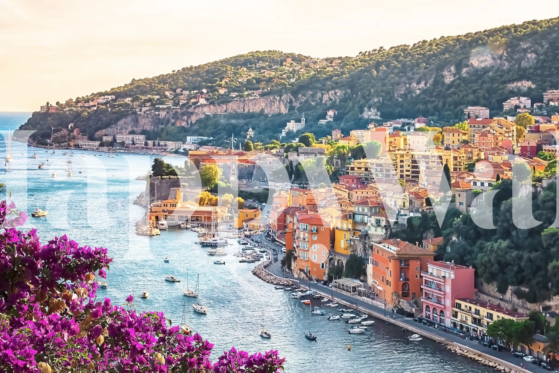 Mediterranean village coastal scene wall mural with colorful houses and blooming flowers