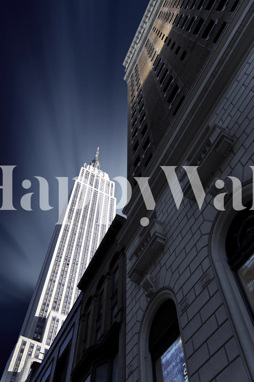 Skyscraper city skyline wallpaper featuring blue and silver tones with architectural details.