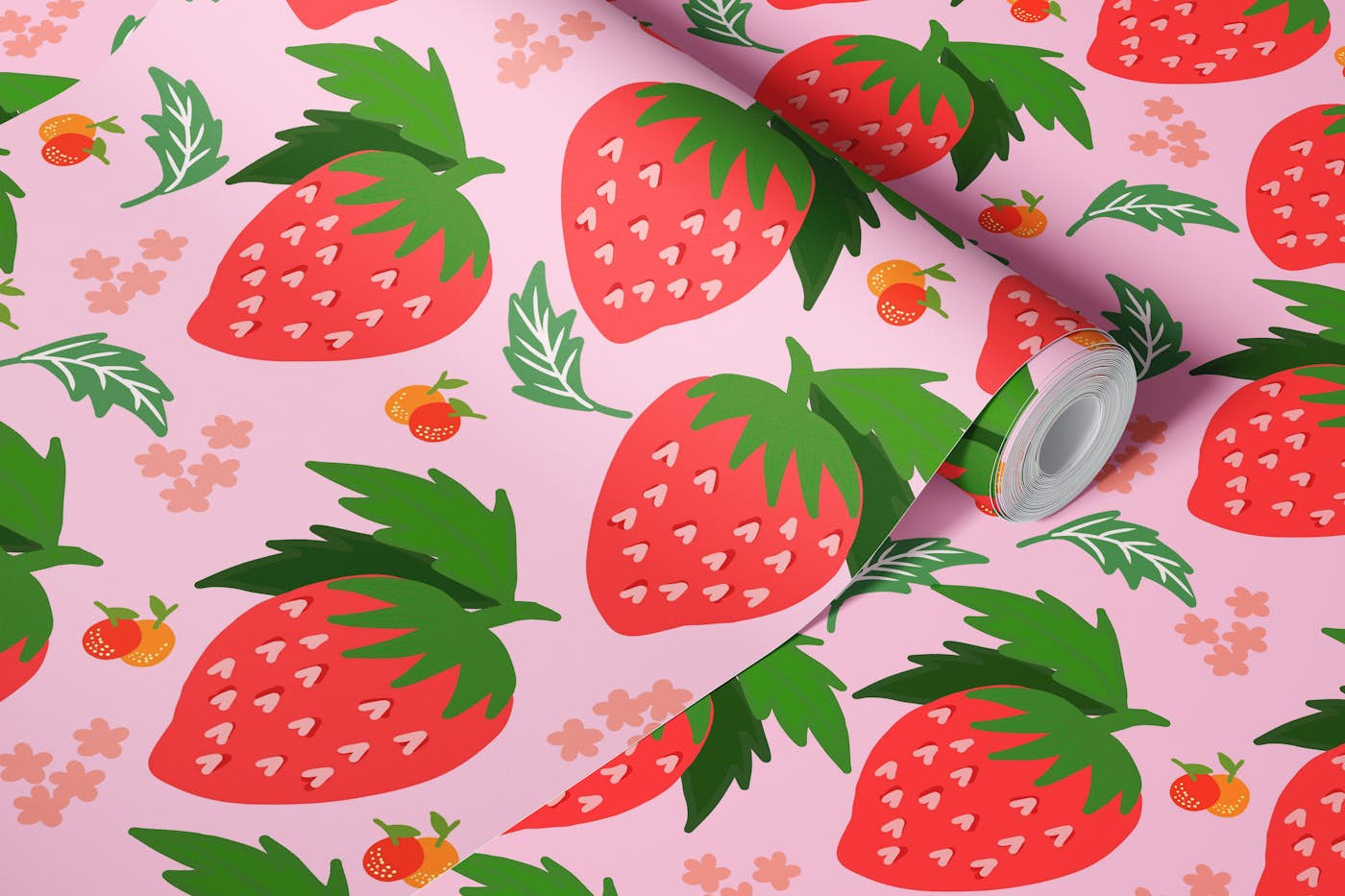 Strawberries and Pink fruit with leaves and elements kawaii style cute pattern wallpaper roll