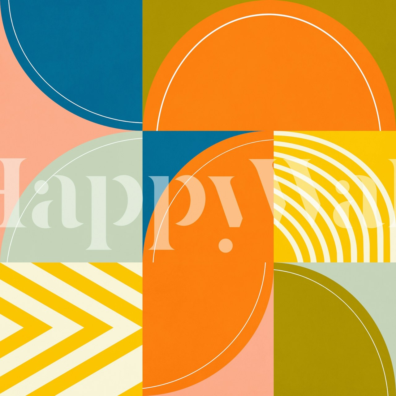 Colorful geometric wallpaper featuring rounded shapes in orange, blue, yellow, and green tones