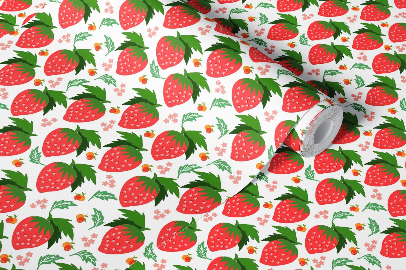 Strawberries fruit tropical pattern on a white background wallpaper roll