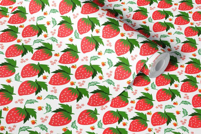 Strawberries fruit tropical pattern on a white backgroundwallpaper roll