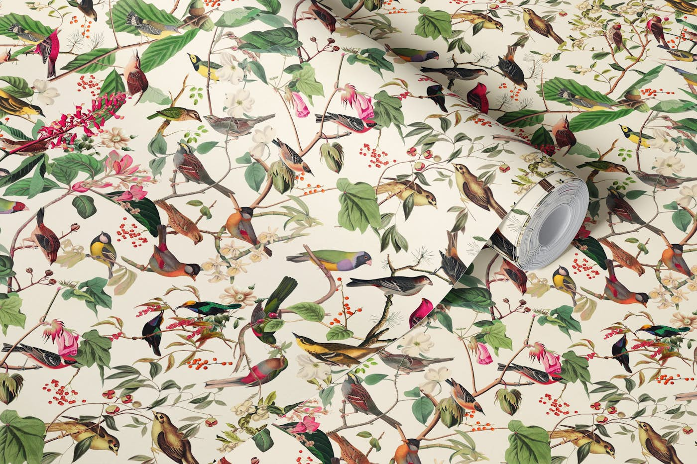 Midsummer Birds Garden Vintage Botanical Illustration On Beige wallpaper roll