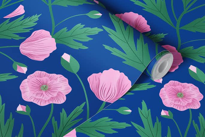 Pink Poppies on Bluewallpaper roll