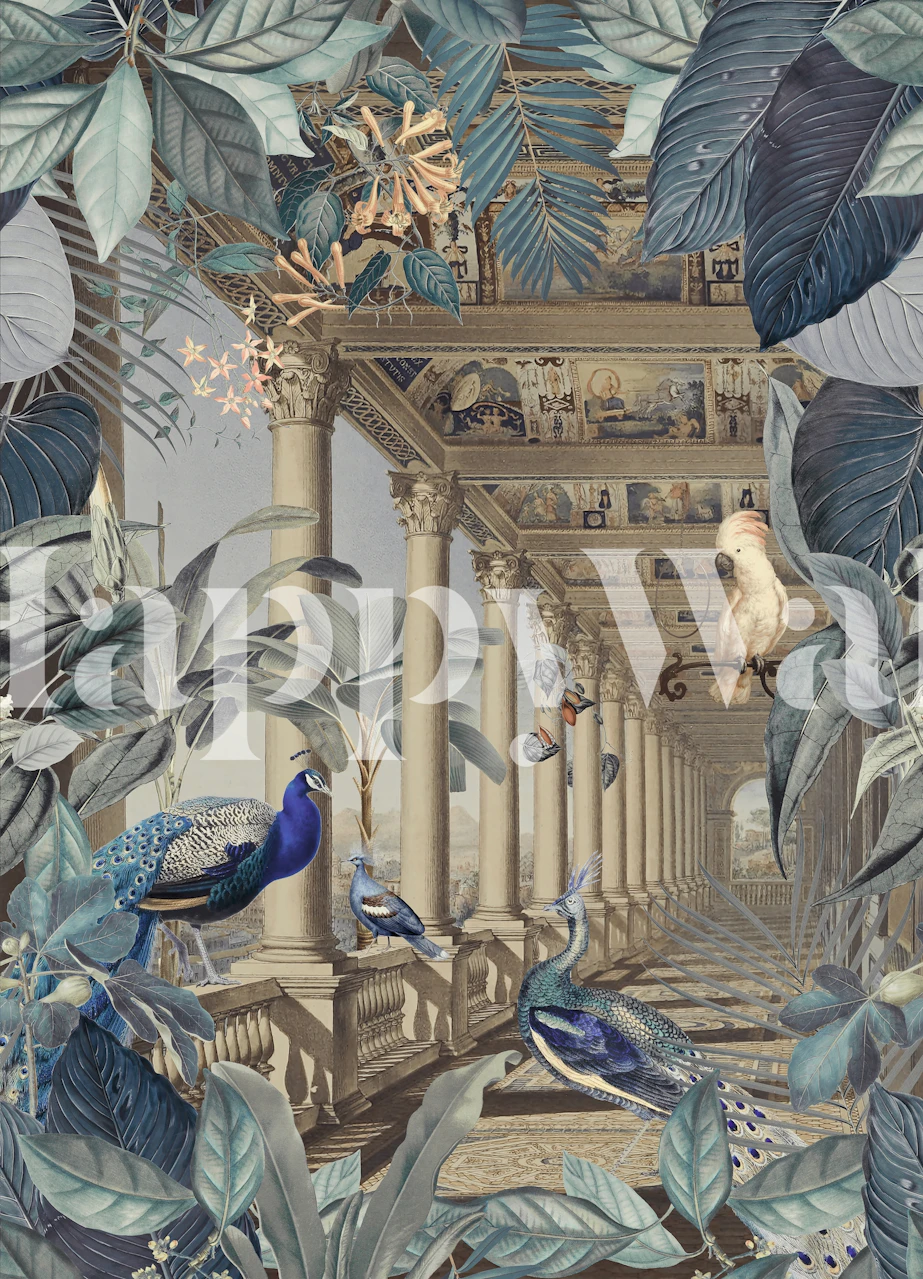 En tapet med påfågeltema som visar upp en blandning av frodigt djungelverk och ruiner av klassisk arkitektur.