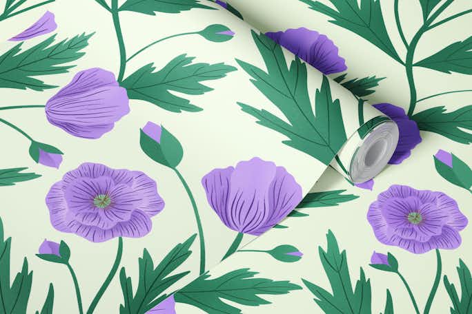 Purple Poppies on Light Sagewallpaper roll