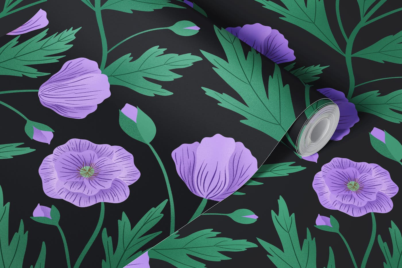 Purple Poppies on Black wallpaper roll