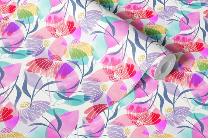COLORFUL DAISIES LILAC AND PINKwallpaper roll