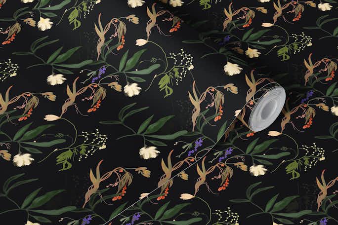 White florals vintage luxury flowers and vines on a black backgroundwallpaper roll